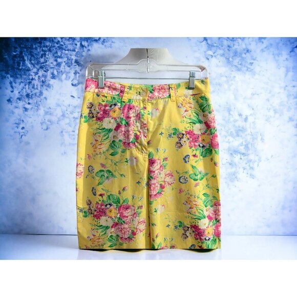 Lauren Ralph Lauren yellow floral flat front pockets belt loops capris size 4 - Picture 5 of 7